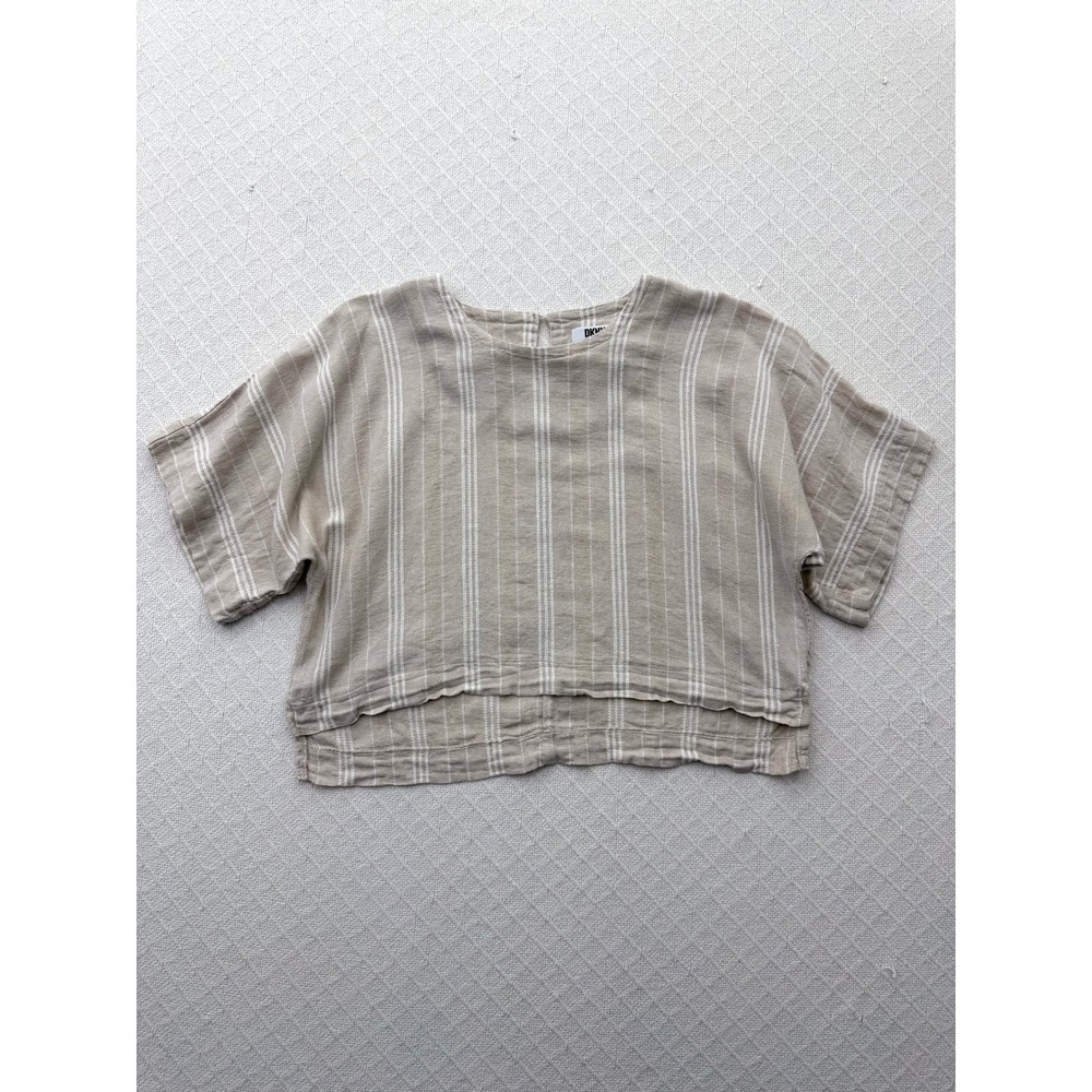 DKNY Pure‎ Beige Striped Linen Blend Boxy Crop Top Boho Lagenlook Womens Medium